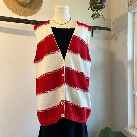 Liz Claiborne Red & White Chunky Cotton Knit Sweater Long Vest Size Medium - Picture 12 of 12